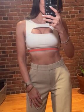 Olympia Activewear Cream Crop Sports Bra with Red Stripe Band